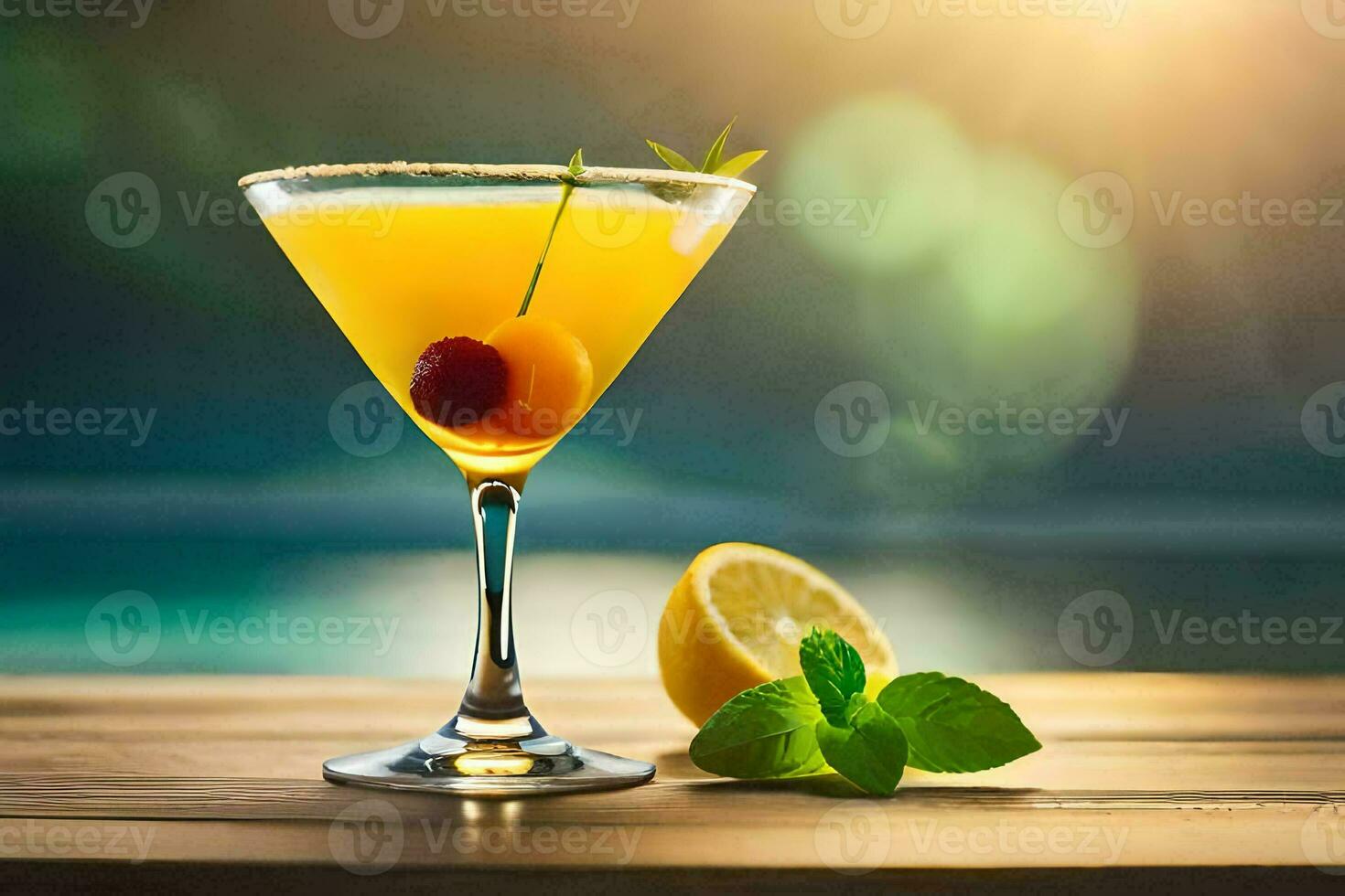 a cocktail with lemon and cherry on a wooden table. AI-Generated photo