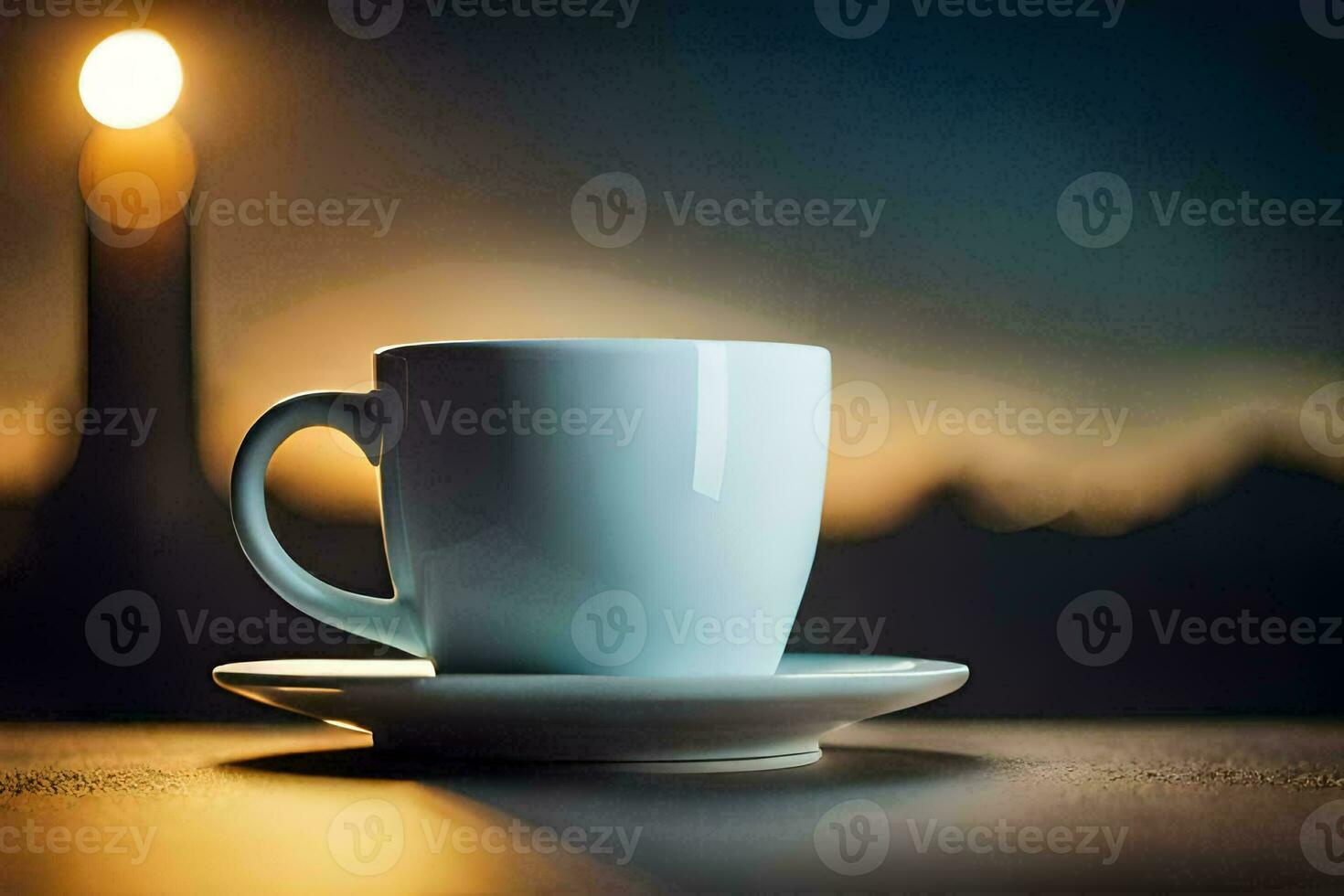 un taza de café en un mesa en frente de un vela. generado por ai foto