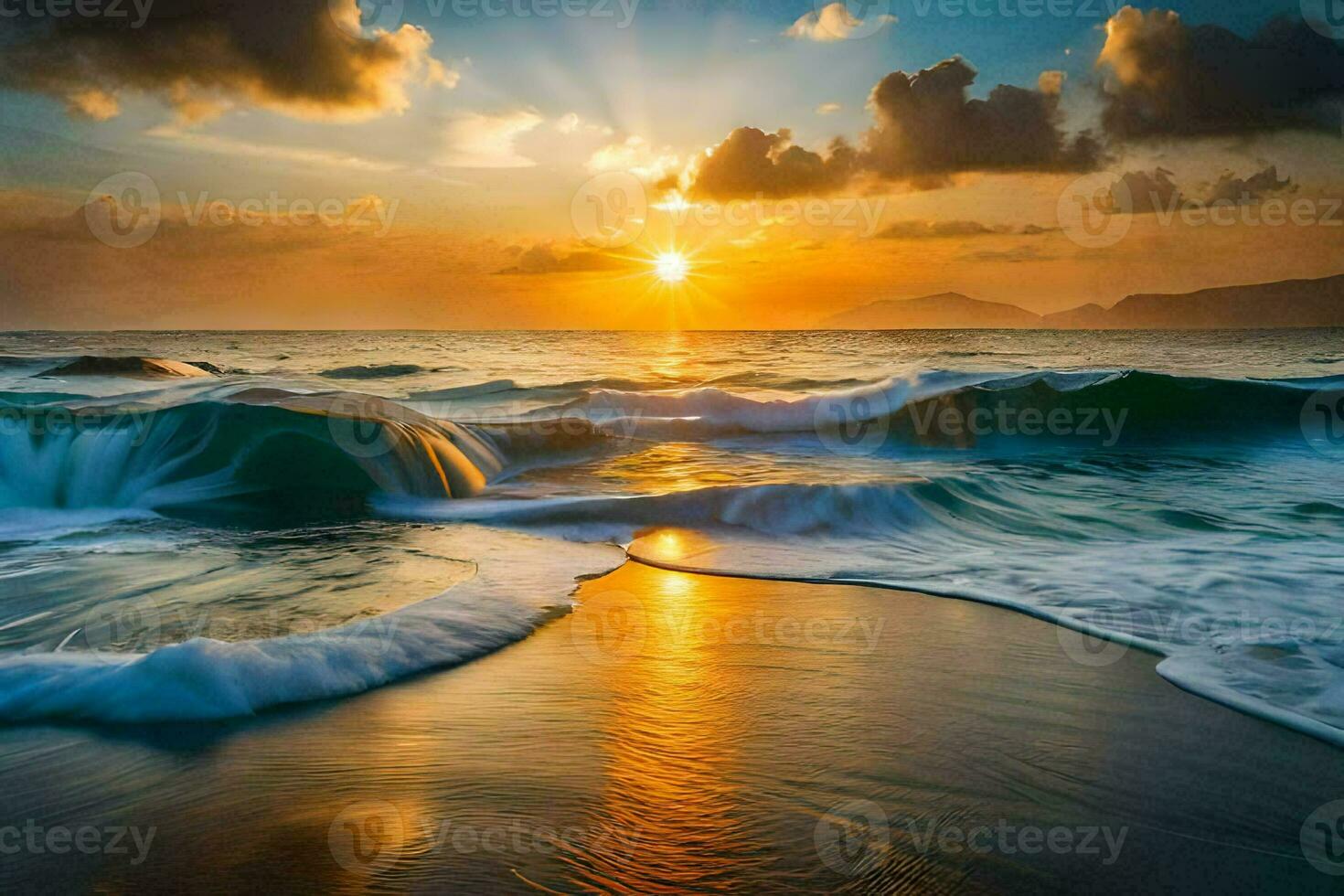 the sun rises over the ocean waves. AI-Generated photo