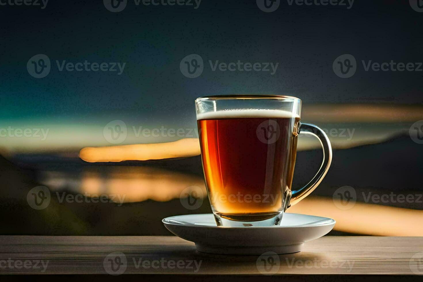 a glass of beer on a table with a view of the mountains. AI-Generated photo