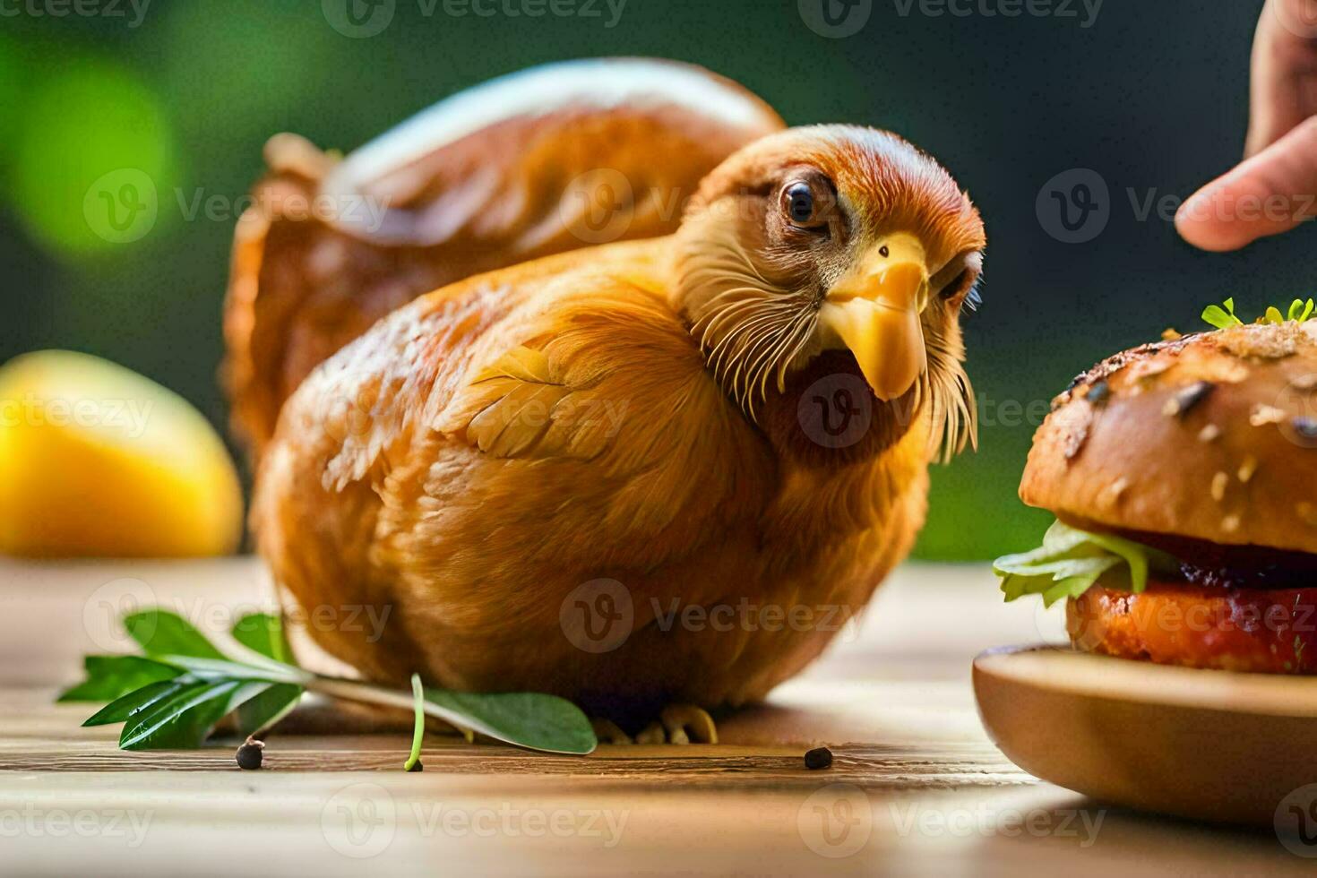 a chicken is eating a hamburger next to a person. AI-Generated photo