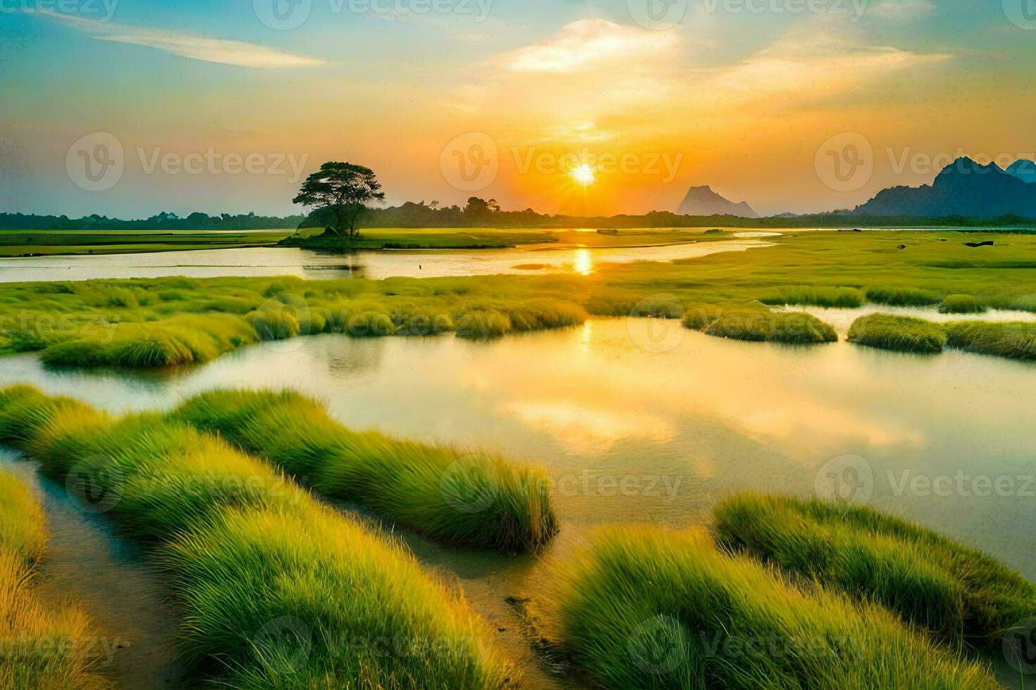 the sun sets over a marshy field with grass and trees. AI-Generated photo