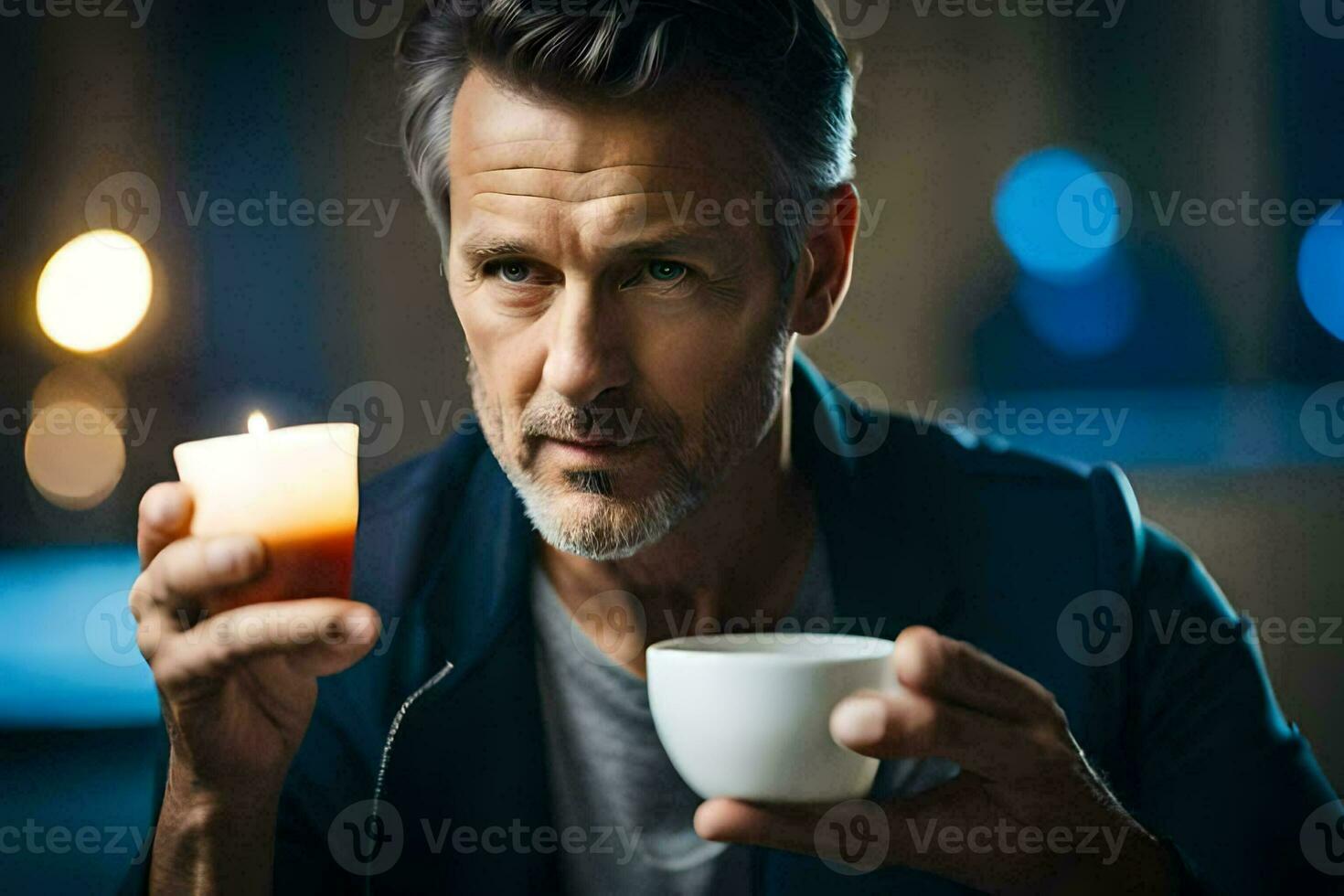 a man holding a cup of coffee and a candle. AI-Generated photo