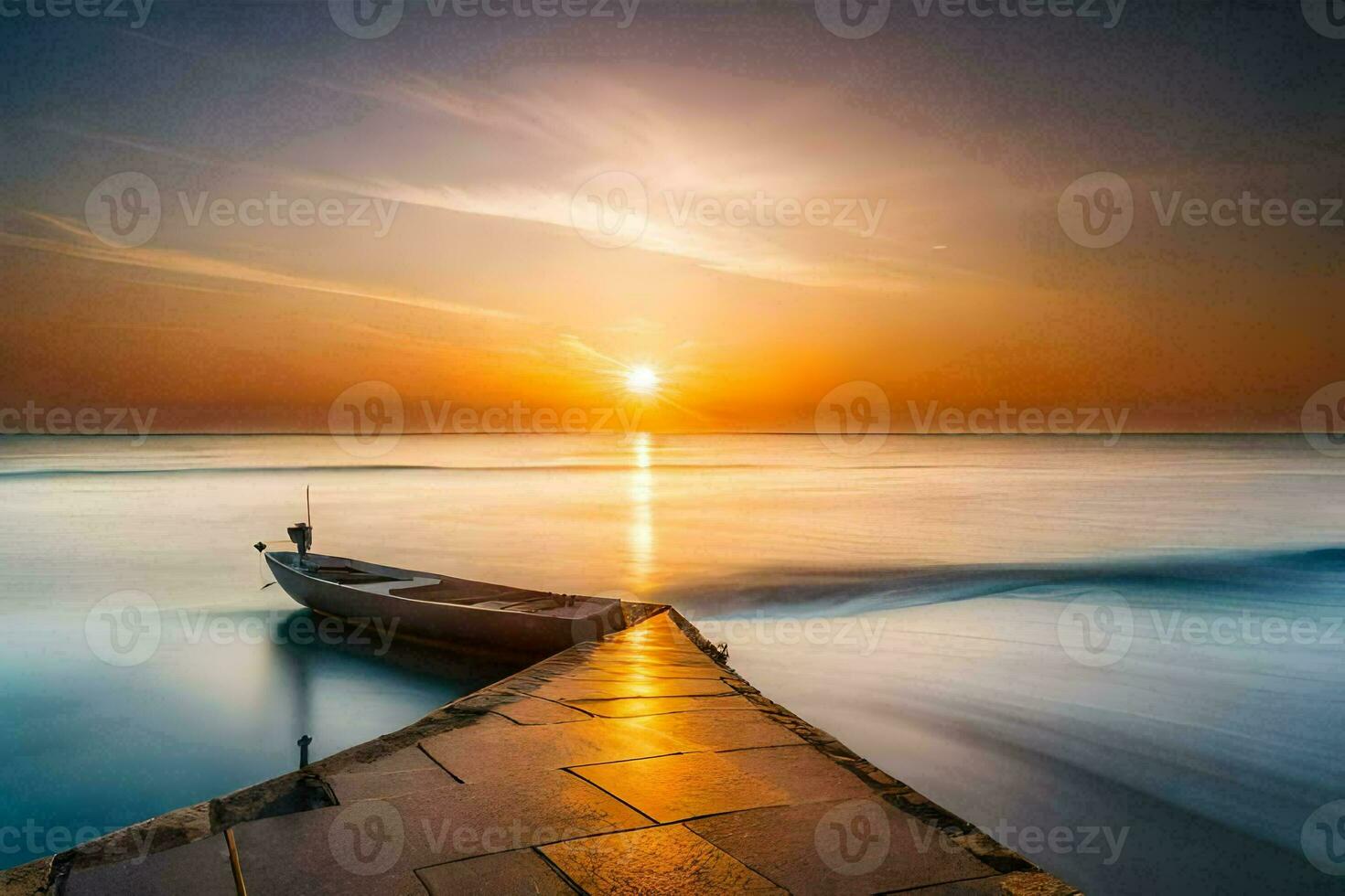a boat sits on the pier at sunset. AI-Generated photo
