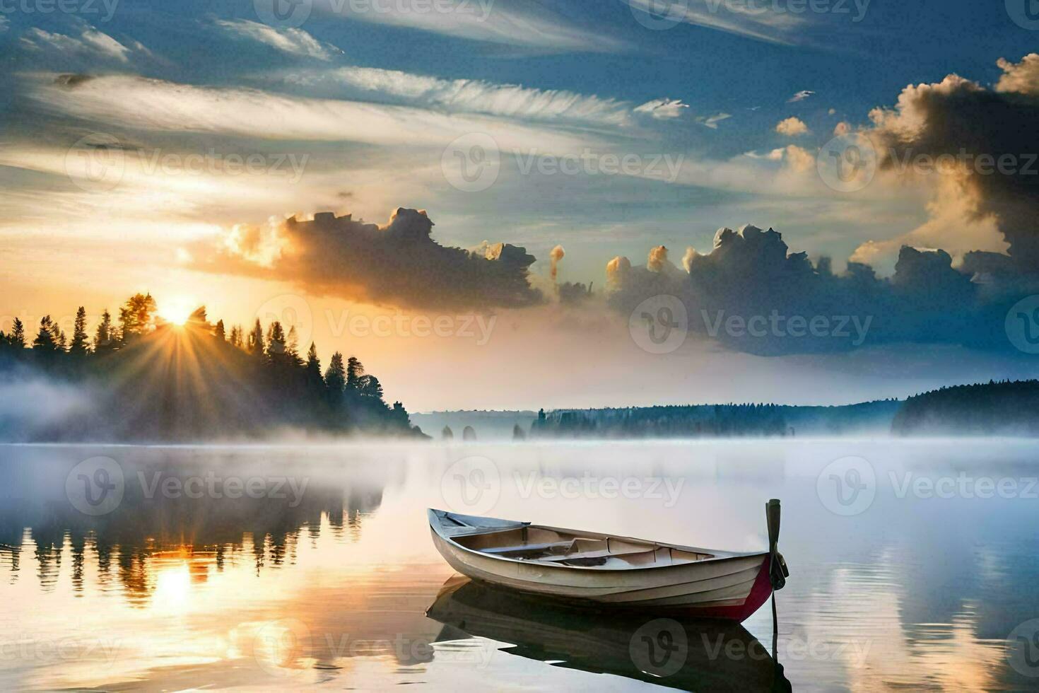 a boat sits on the water at sunset. AI-Generated photo