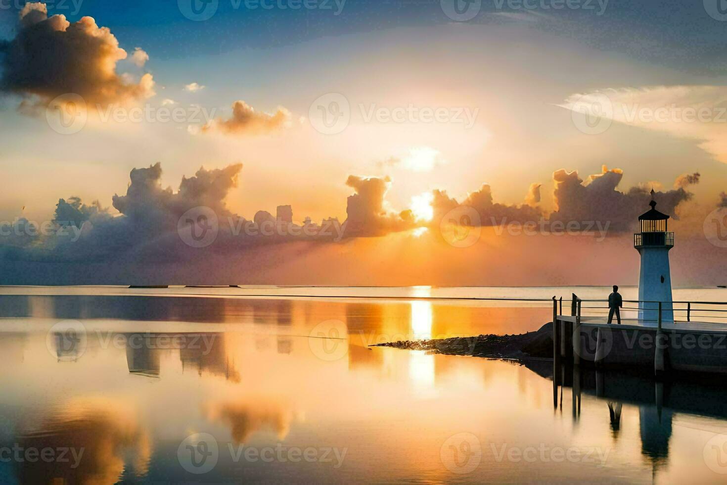 the sun rises over the water and a lighthouse. AI-Generated photo