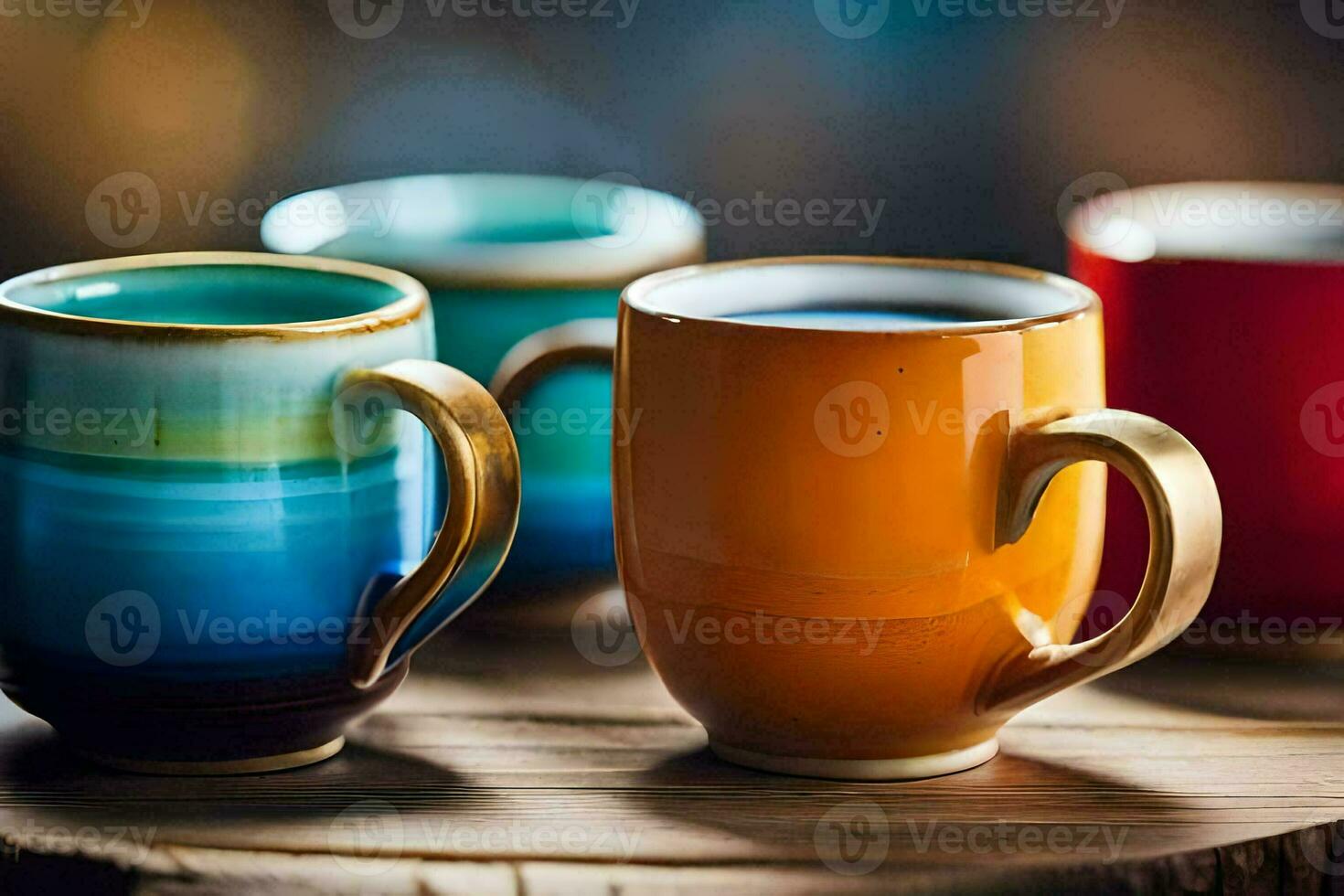 vistoso café tazas en un de madera mesa. generado por ai foto