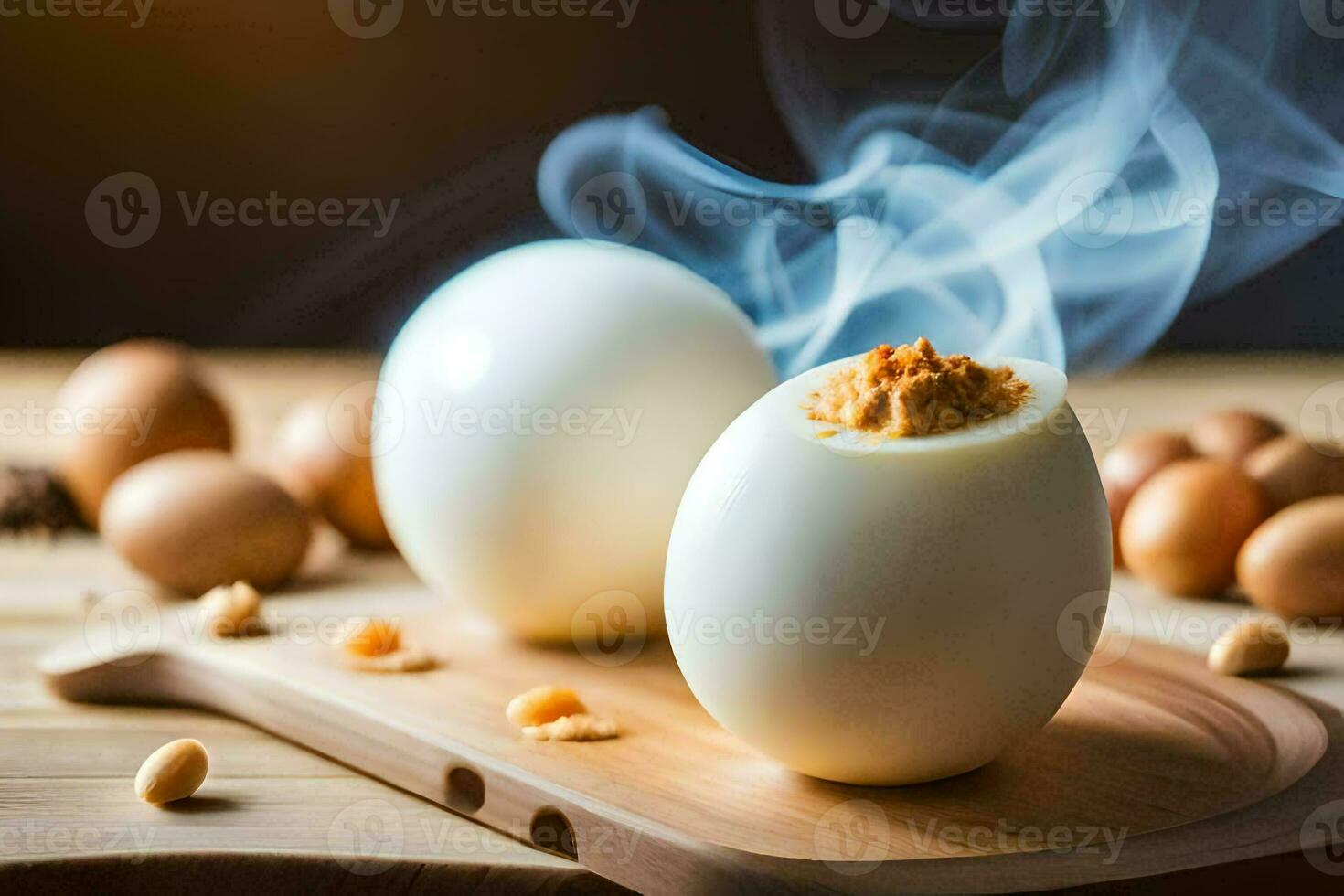 two boiled eggs with smoke coming out of them. AI-Generated photo