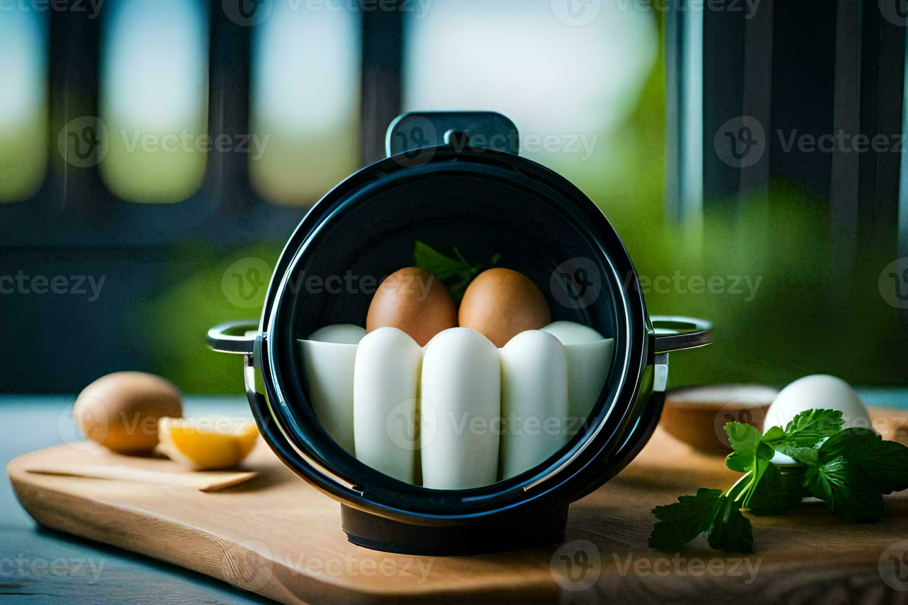 eggs in an egg cooker on a cutting board. AIGenerated 32139254 Stock
