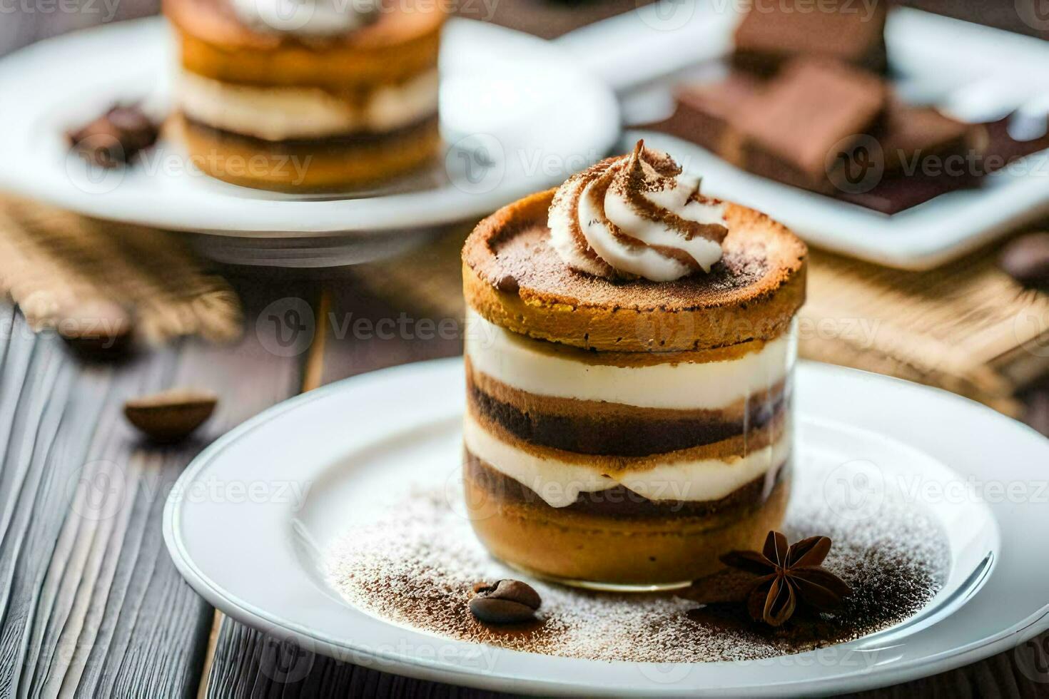 two desserts on a plate with chocolate and coffee. AI-Generated photo