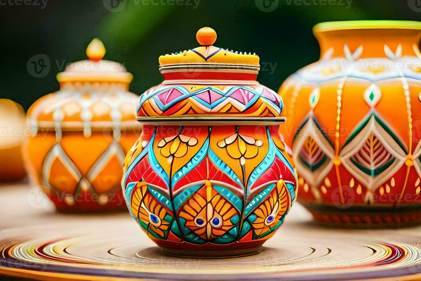 colorful vases with designs on them sit on a table. AI-Generated photo