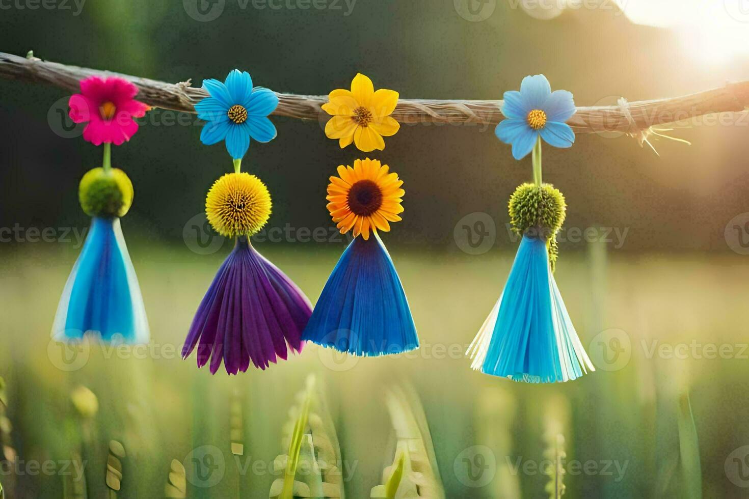 colorful tassels hanging from a branch in a field. AI-Generated photo