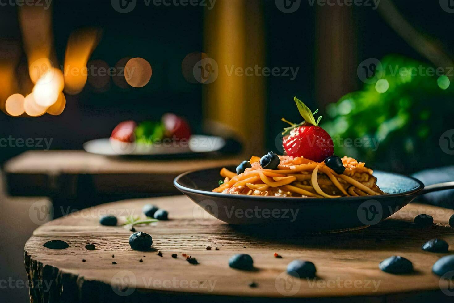 a plate of pasta with berries and a spoon on a wooden table. AI-Generated photo