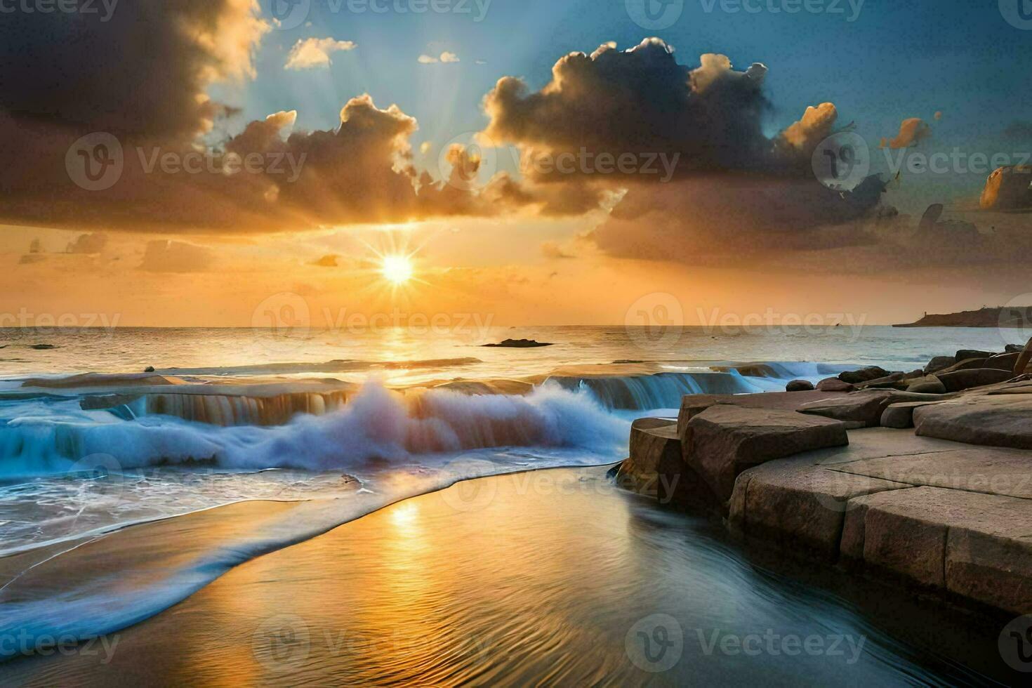 the sun rises over the ocean and waves crashing on the shore. AI-Generated photo