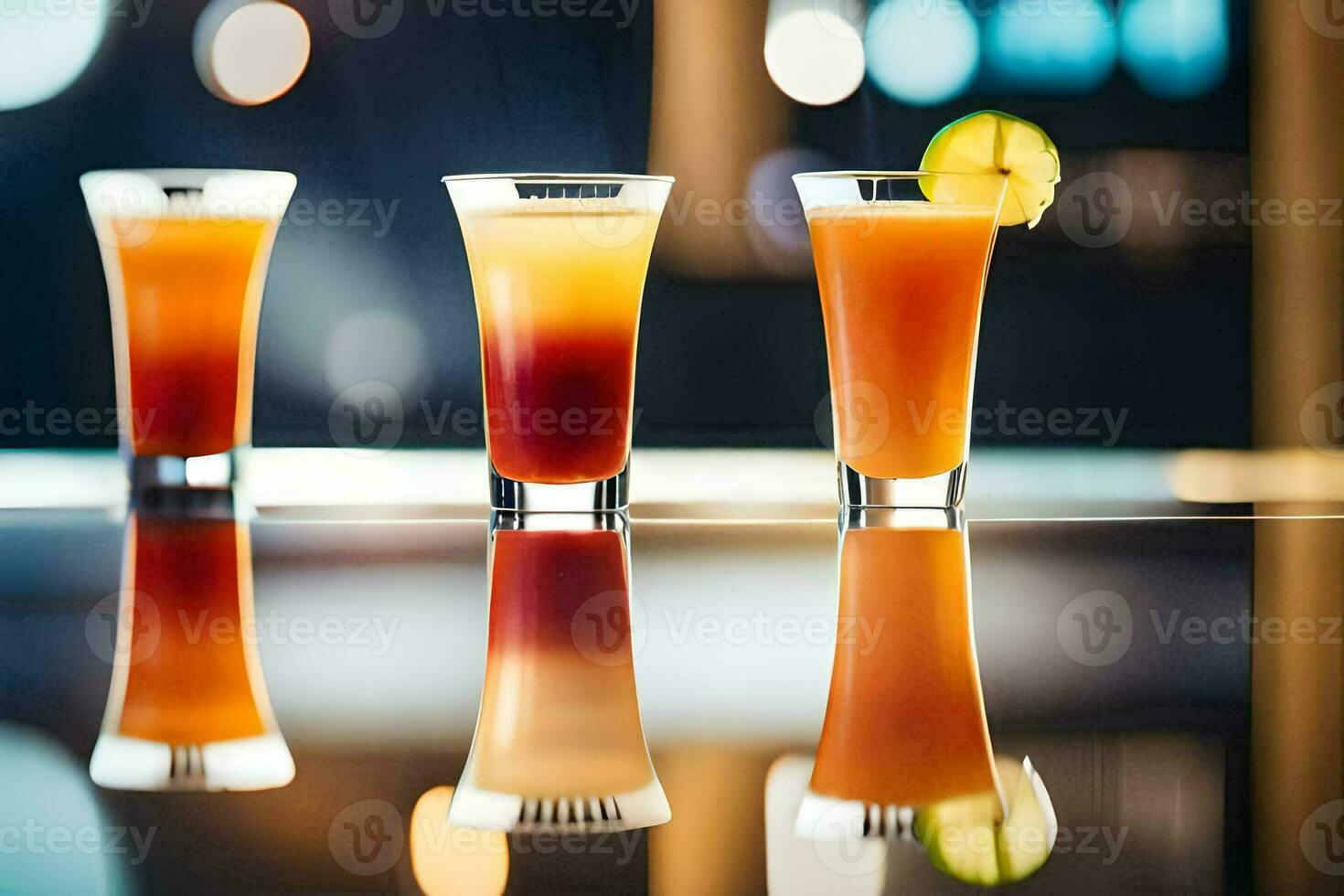 three different drinks are lined up on a table. AI-Generated photo