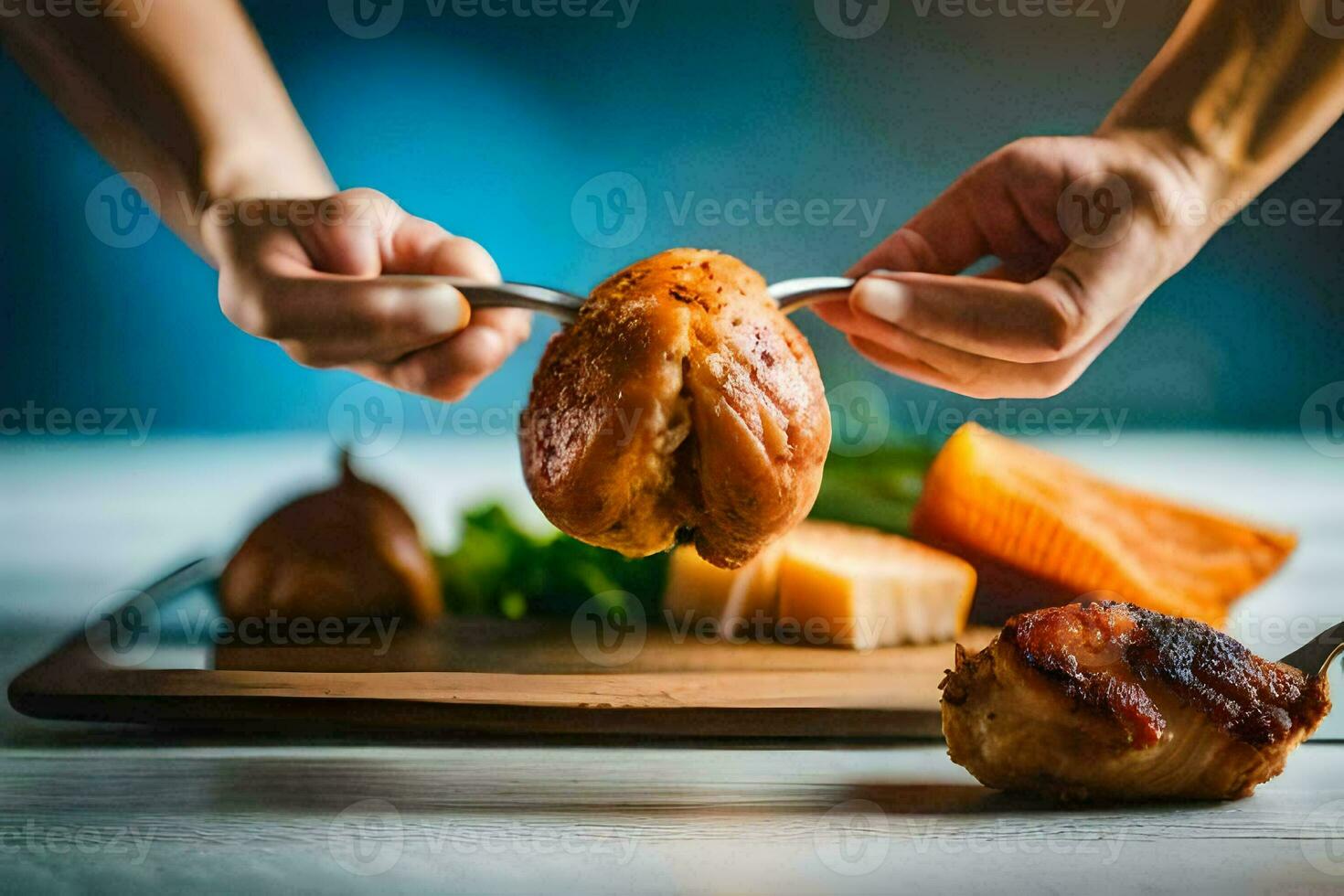 a person holding a fork over a piece of meat. AI-Generated photo