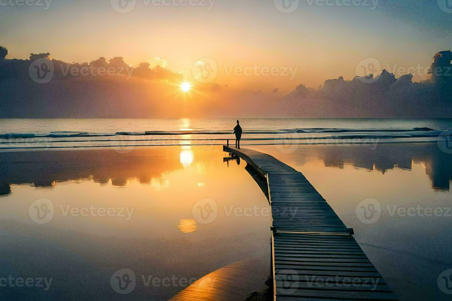 un hombre en pie en un de madera muelle a puesta de sol. generado por ai foto