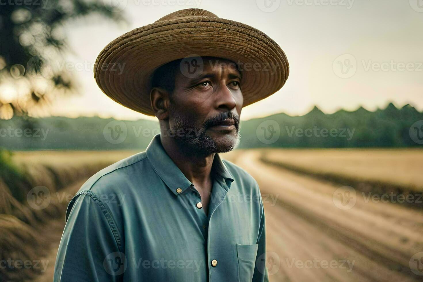 a man wearing a hat stands in a field. AI-Generated photo