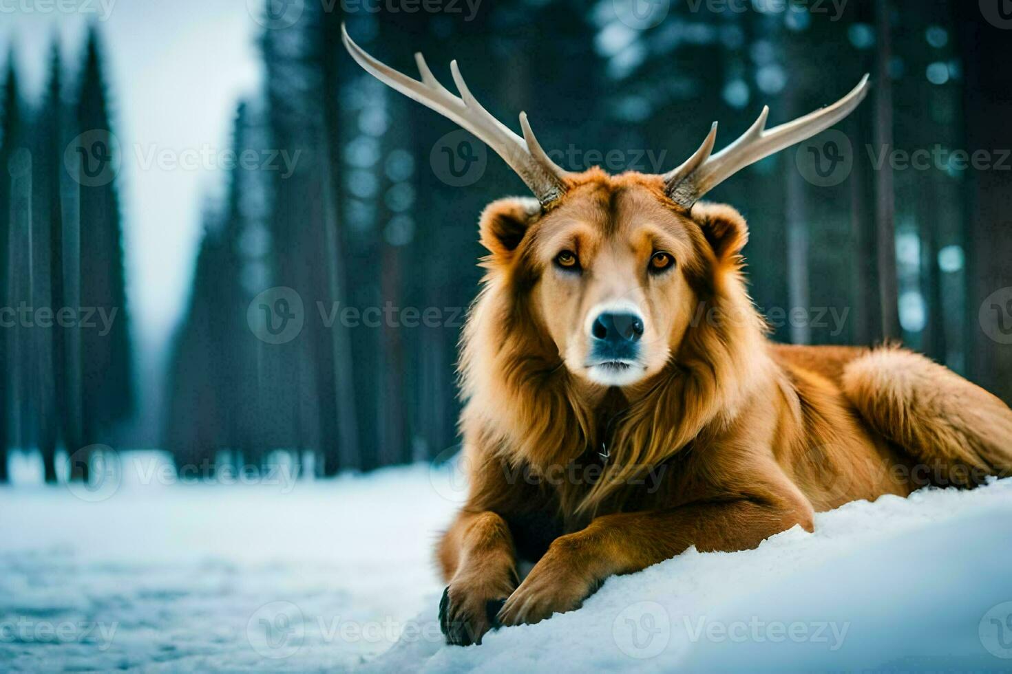 a deer with horns laying in the snow. AI-Generated photo