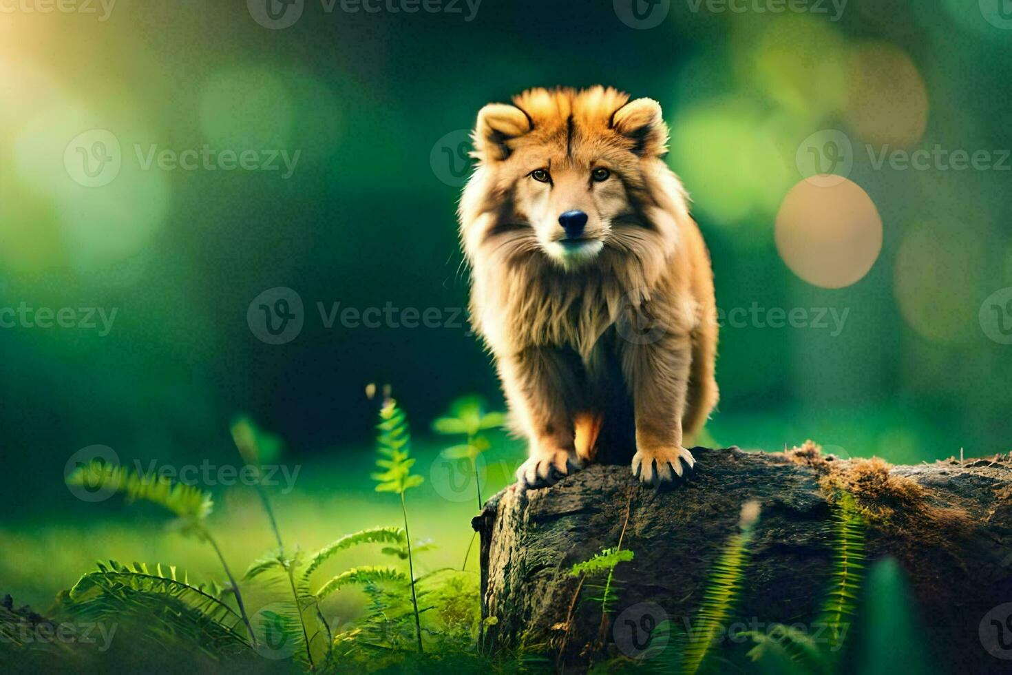 a lion is standing on top of a tree stump. AI-Generated photo