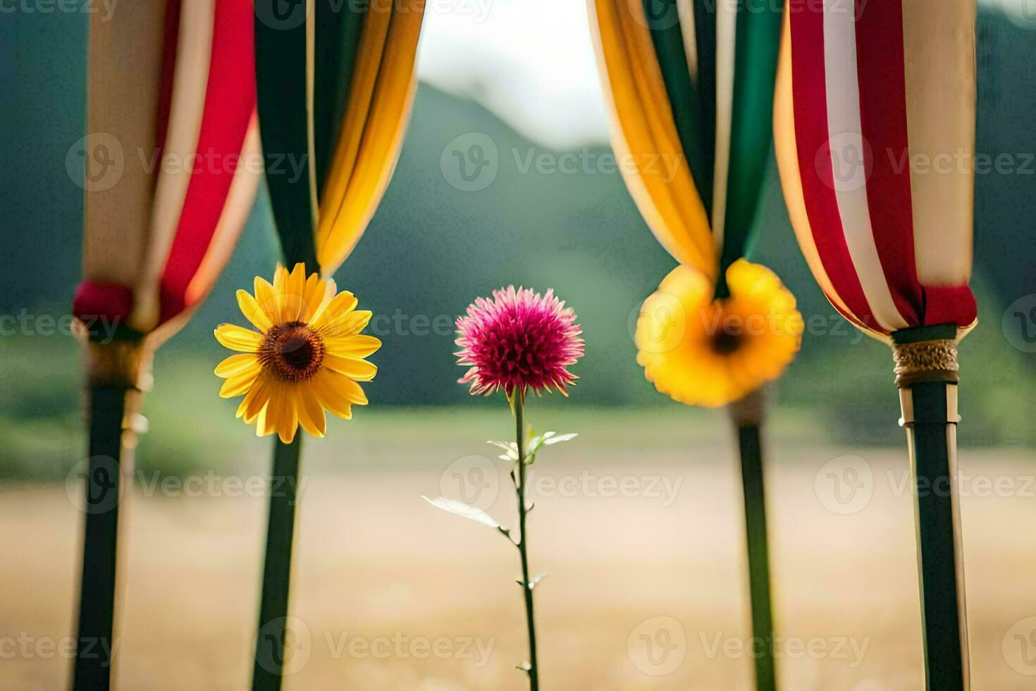 a flower is in front of a tent with colorful flags. AI-Generated photo