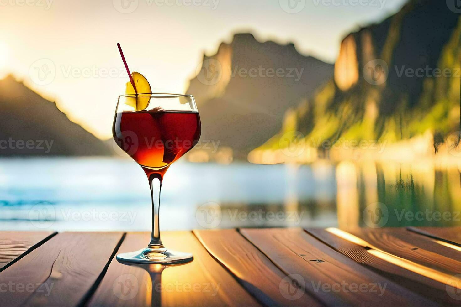 a glass of wine on a wooden table in front of a lake. AI-Generated photo