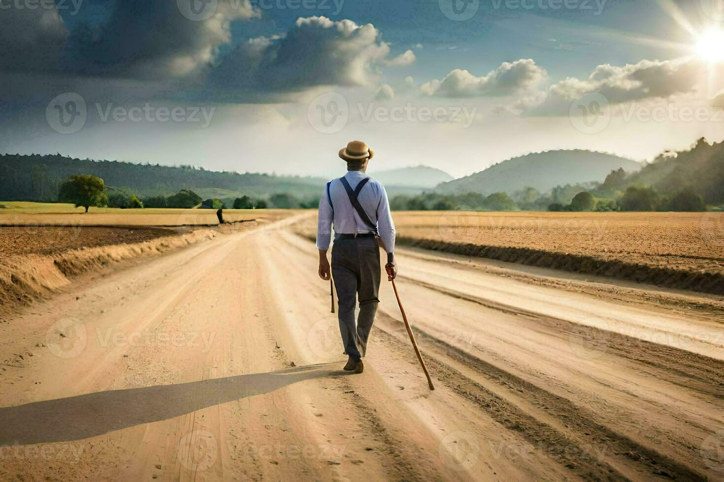 a man walking down a dirt road with a cane. AI-Generated photo