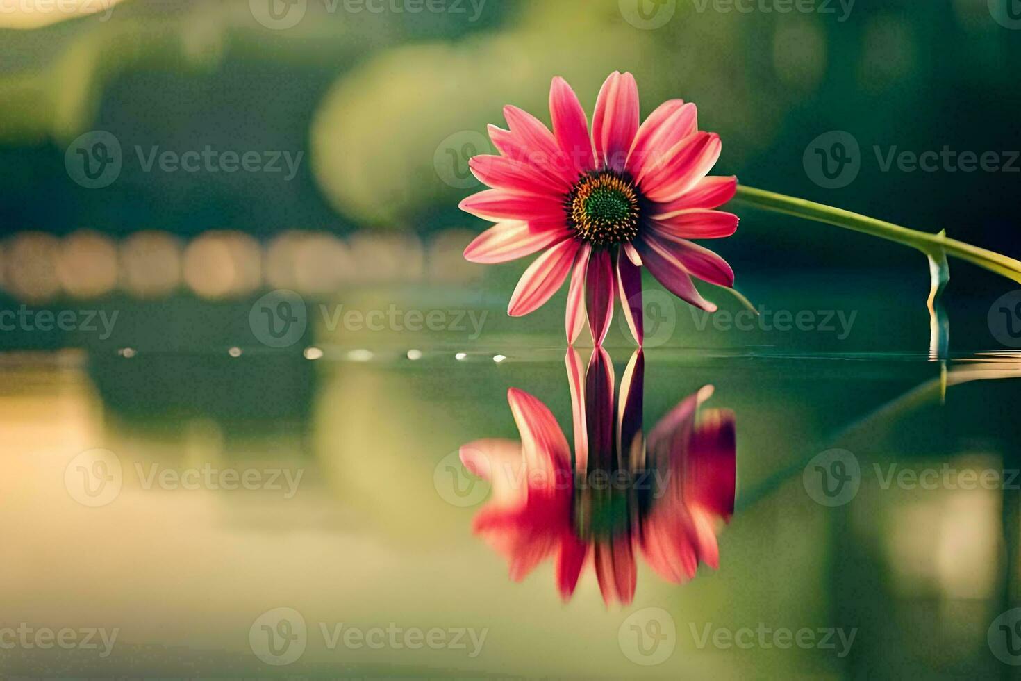 a single pink flower is reflected in the water. AI-Generated photo