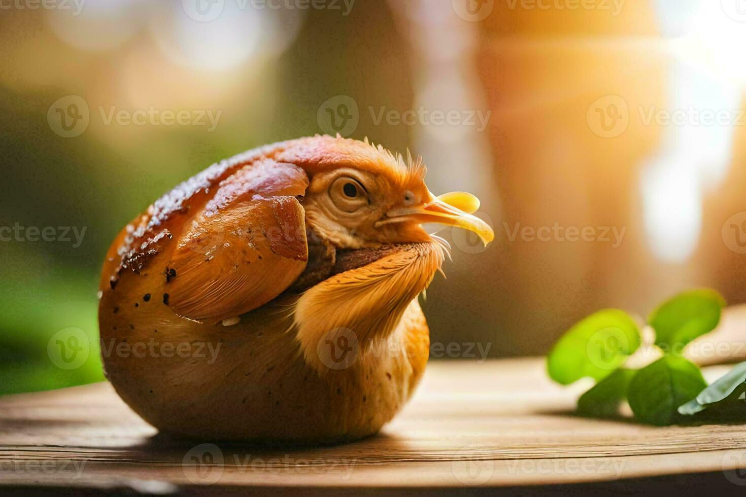 a small bird sitting on top of a wooden table. AI-Generated photo