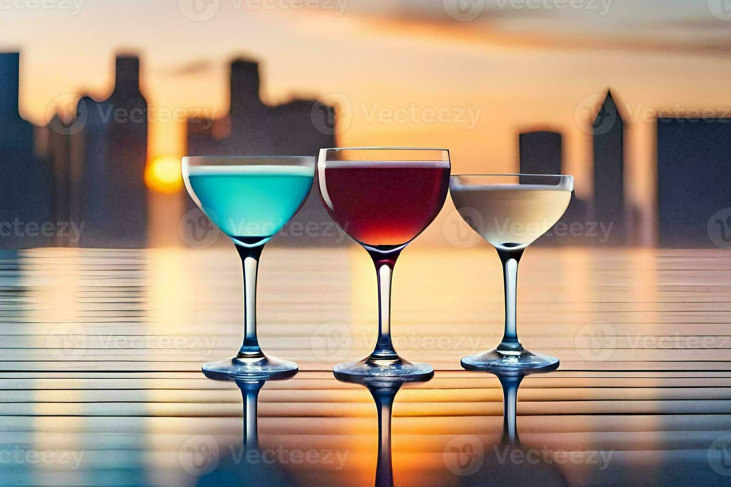 Tres lentes de diferente de colores bebidas en un mesa en frente de un ciudad horizonte. generado por ai foto