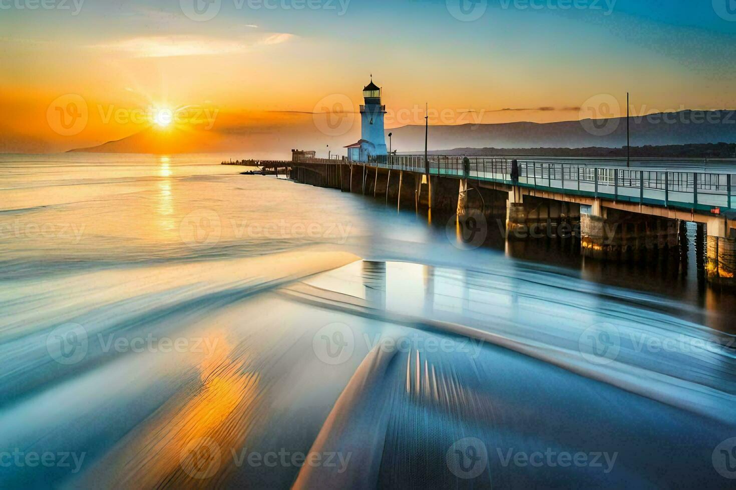 a lighthouse at sunset with the sun setting behind it. AI-Generated photo