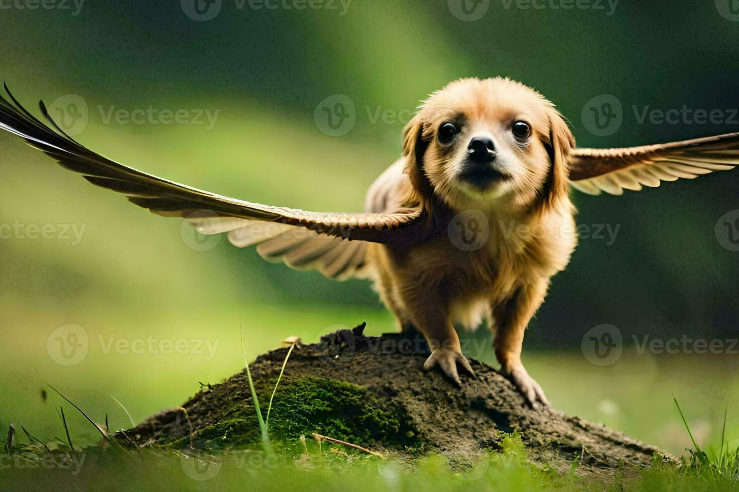 a dog with its wings spread out on top of a hill. AI-Generated photo