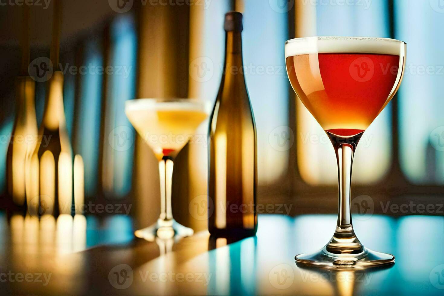 three glasses of wine and a bottle of wine. AI-Generated photo
