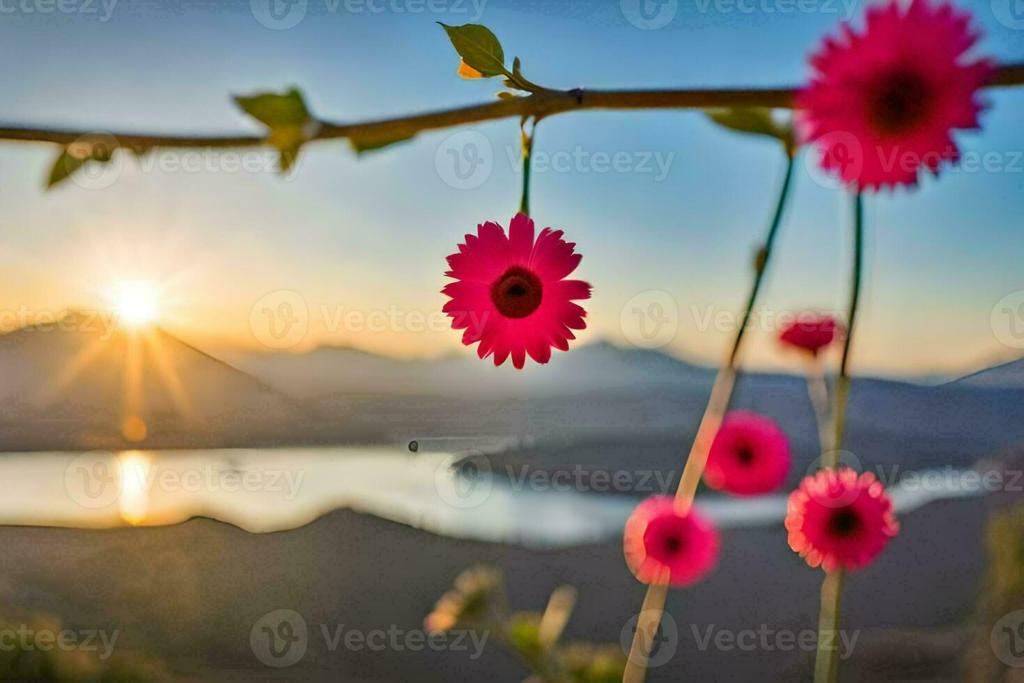 pink flowers hanging from a branch with a lake in the background. AI-Generated photo