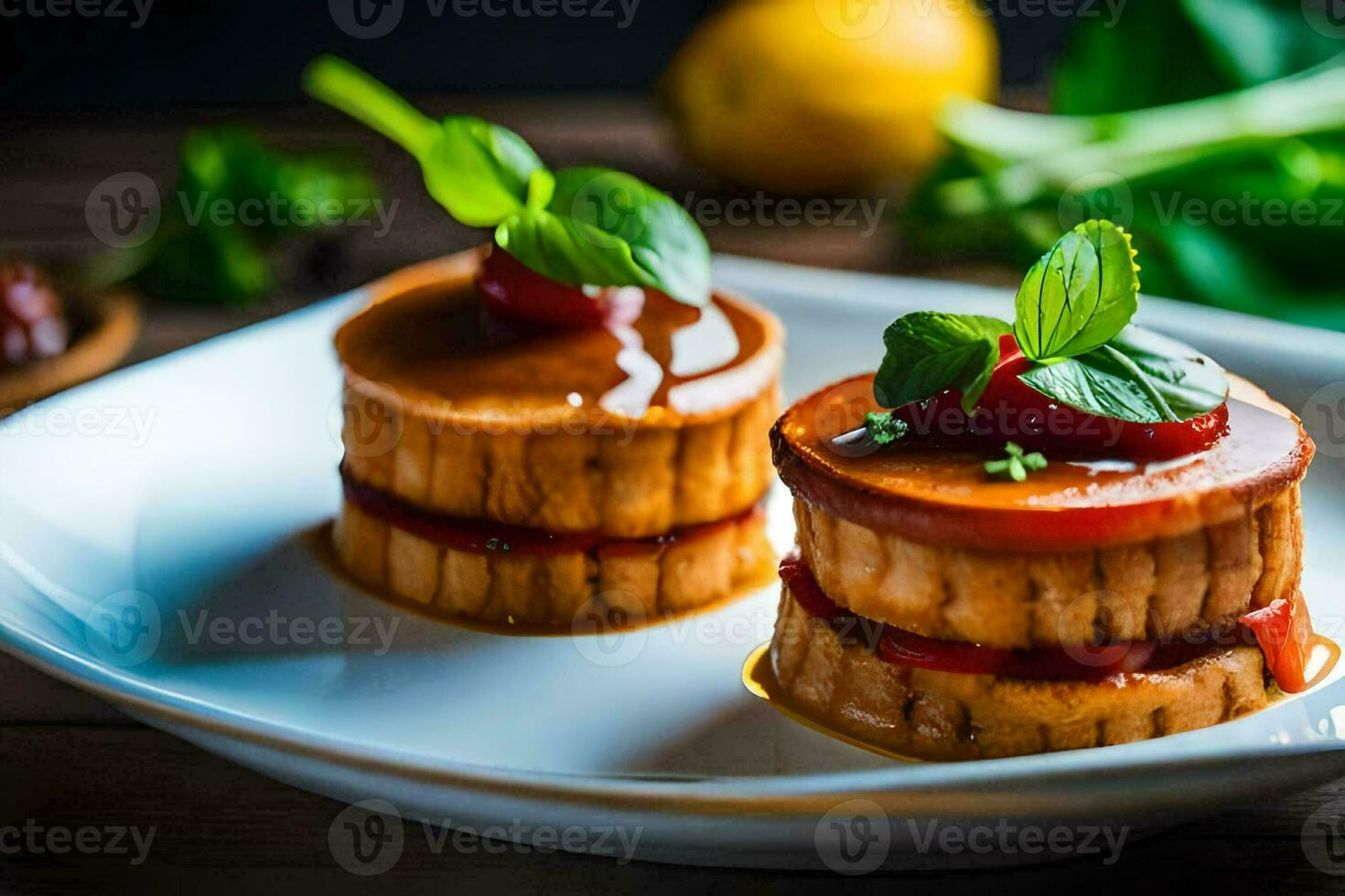 two small cakes on a white plate. AI-Generated photo