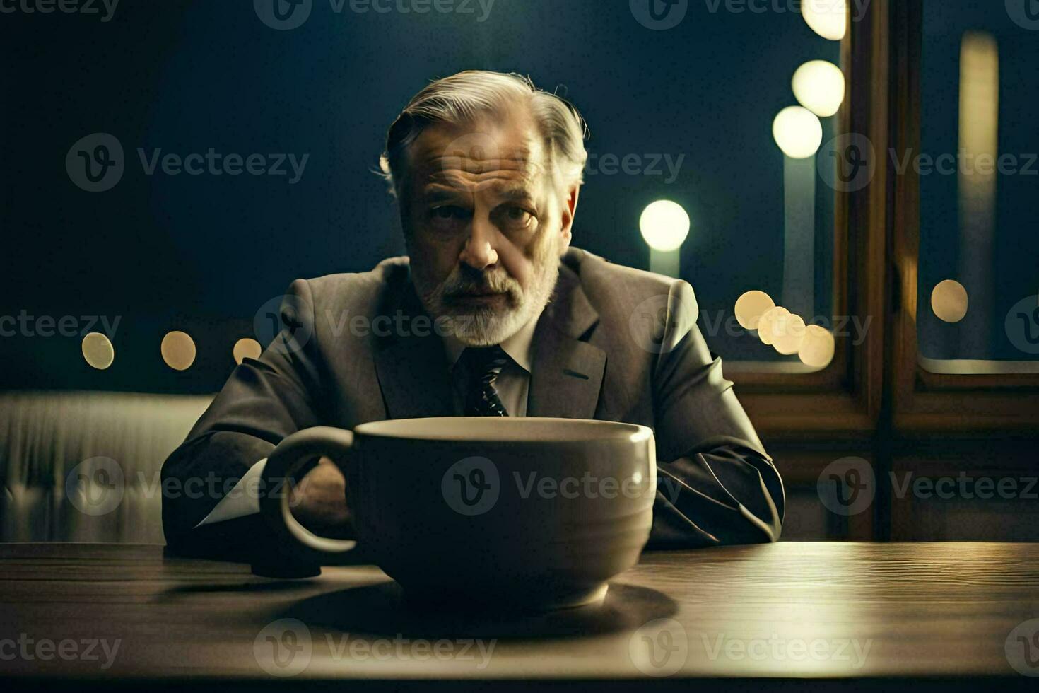 a man in a suit sits at a table with a coffee cup. AI-Generated photo
