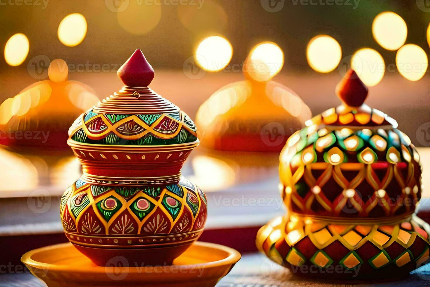 colorful diyas on a table with candles in the background. AI-Generated photo
