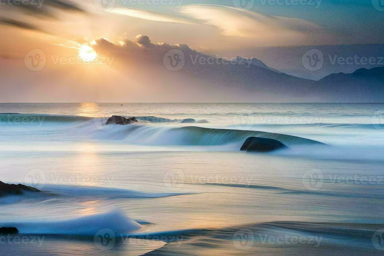 a beautiful sunset over the ocean with waves crashing on the shore. AI-Generated photo