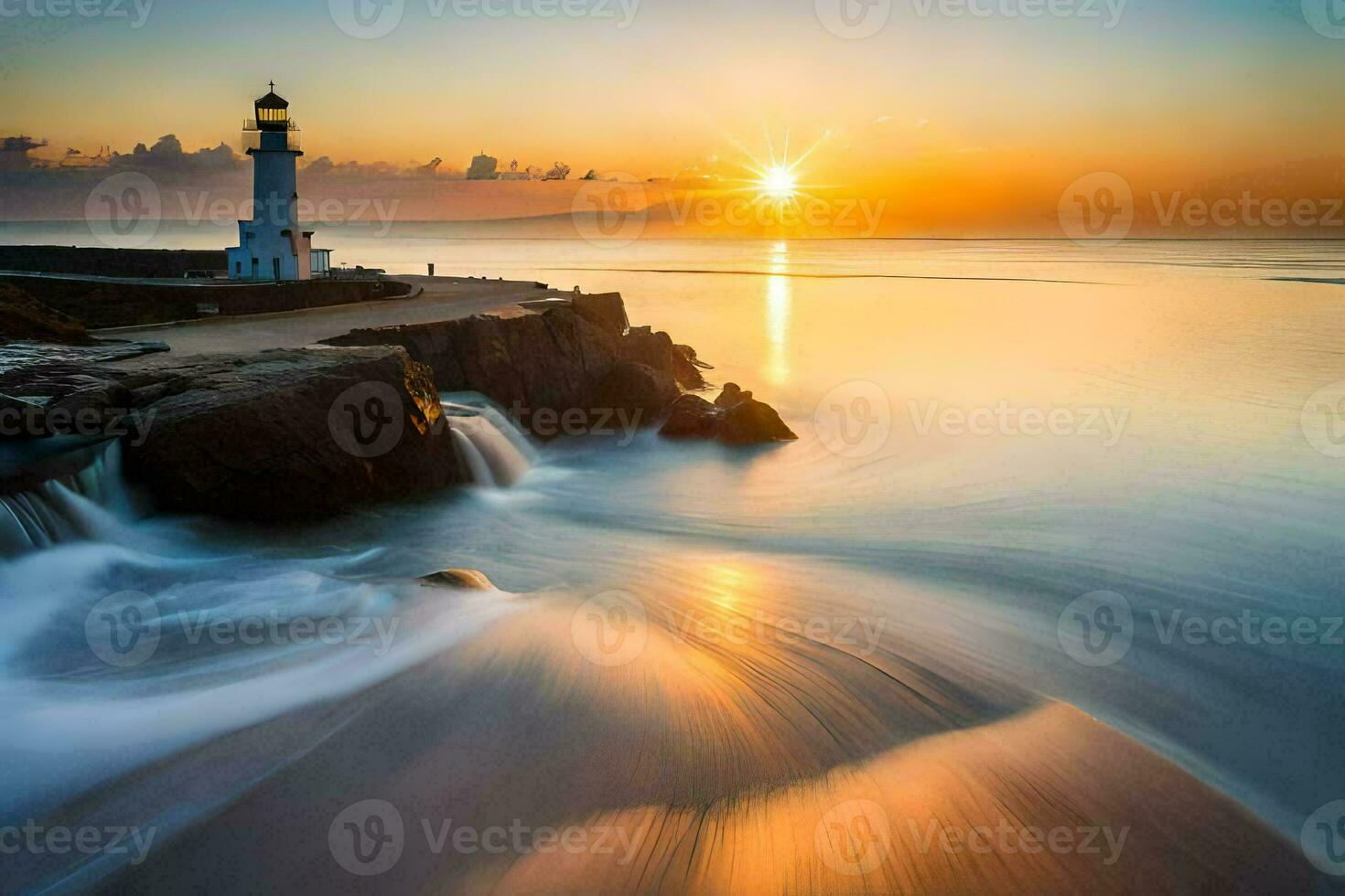 un faro es visto en el puesta de sol terminado el océano. generado por ai foto