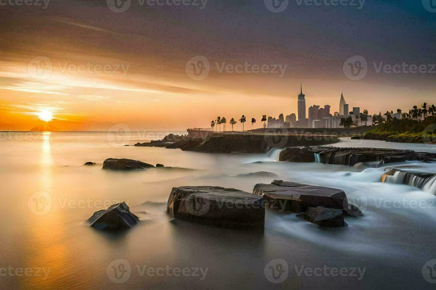 el Dom conjuntos terminado el ciudad horizonte y el océano. generado por ai foto