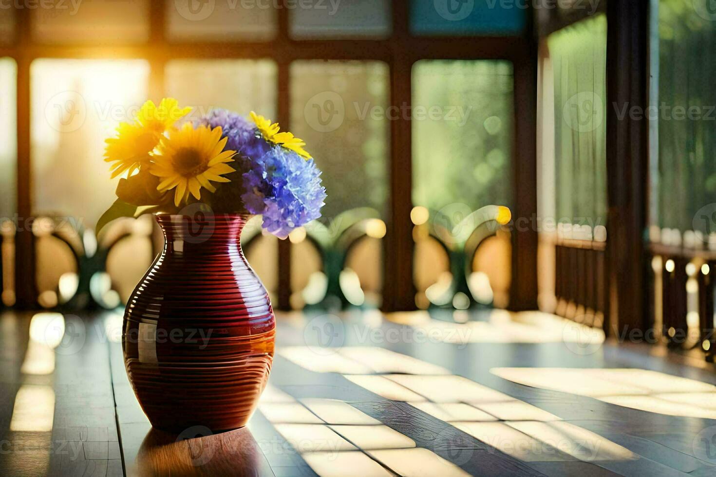 sunflowers in a vase on a wooden floor. AI-Generated photo