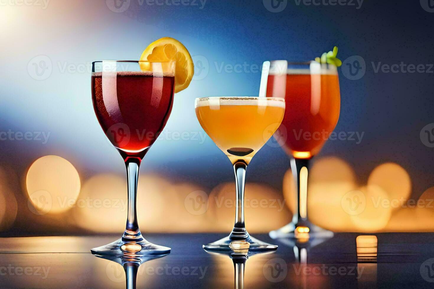 three different types of alcoholic drinks on a table. AI-Generated photo