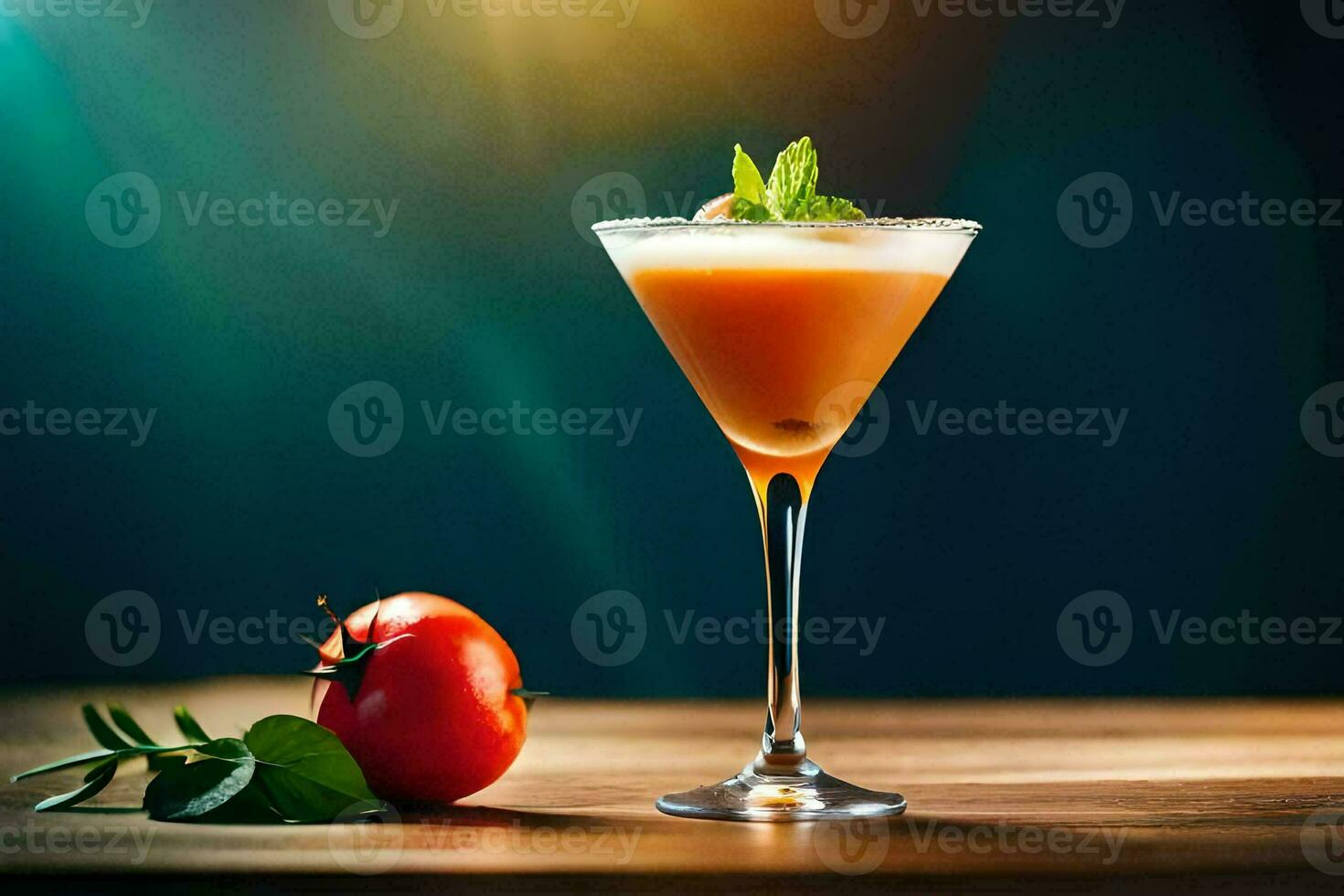 cocktail on a wooden table with tomato and mint leaves. AI-Generated photo