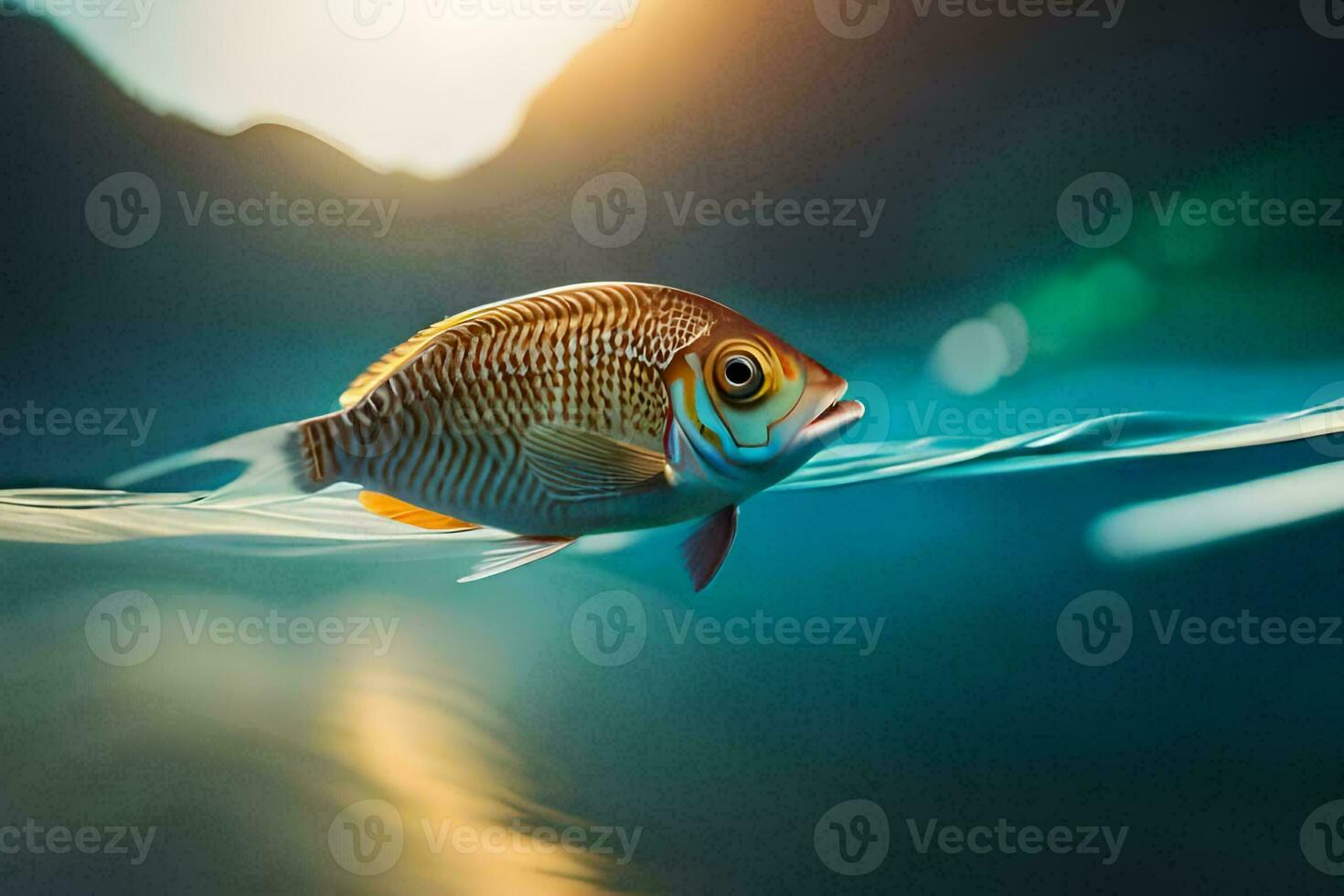 a fish swimming in the water with the sun in the background. AI-Generated photo