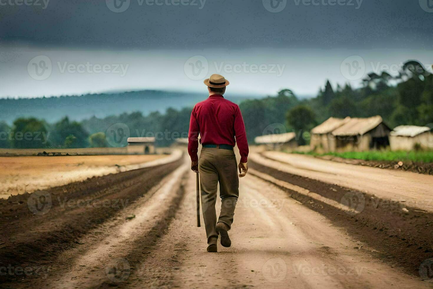 a man walking down a dirt road with a cane. AI-Generated photo
