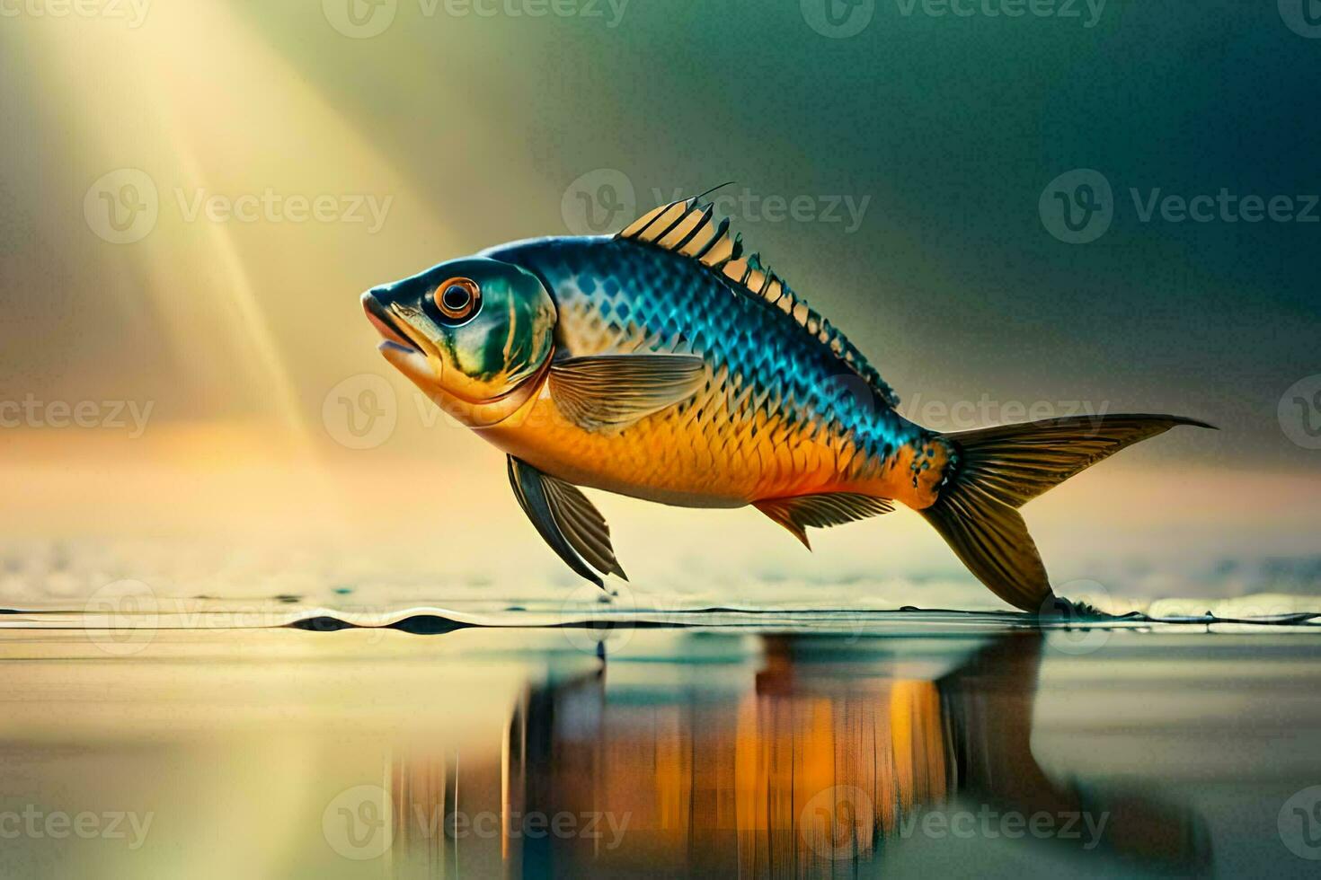 a fish is standing on the water with the sun shining. AI-Generated photo