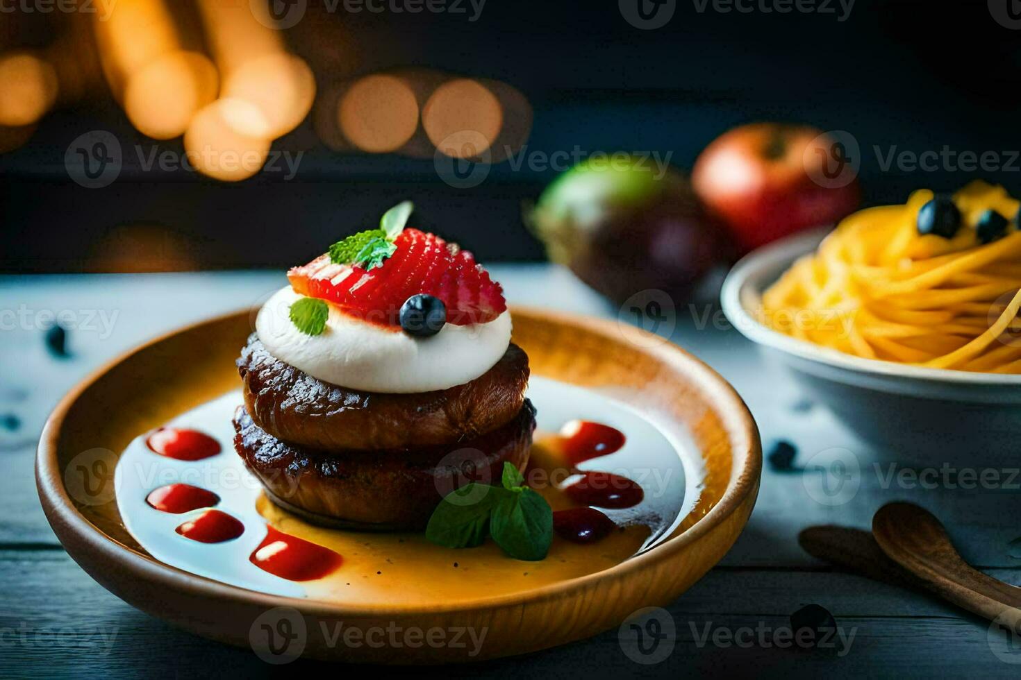 a plate with a dessert and a bowl of fruit. AI-Generated photo