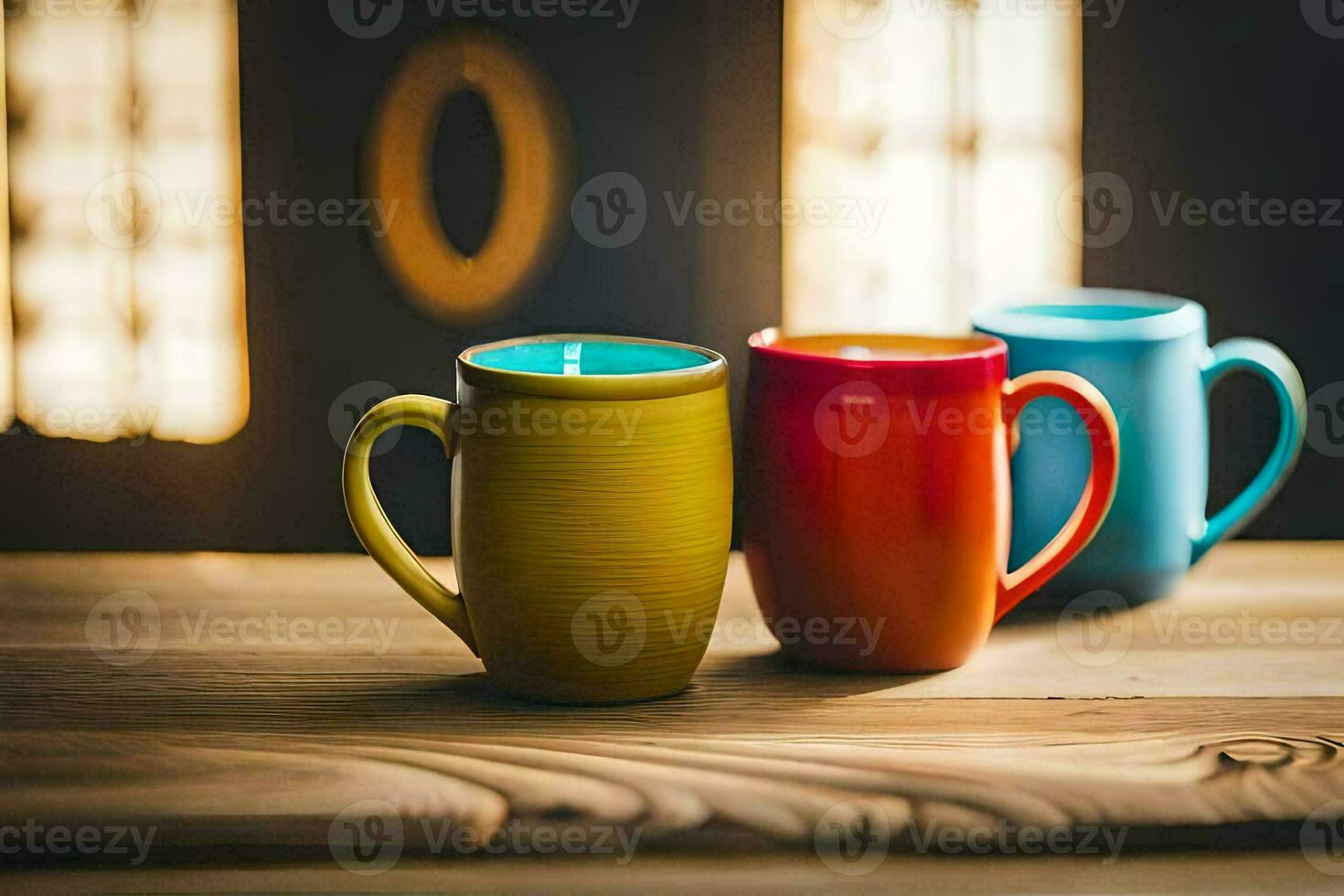 three colorful coffee mugs on a wooden table. AI-Generated photo