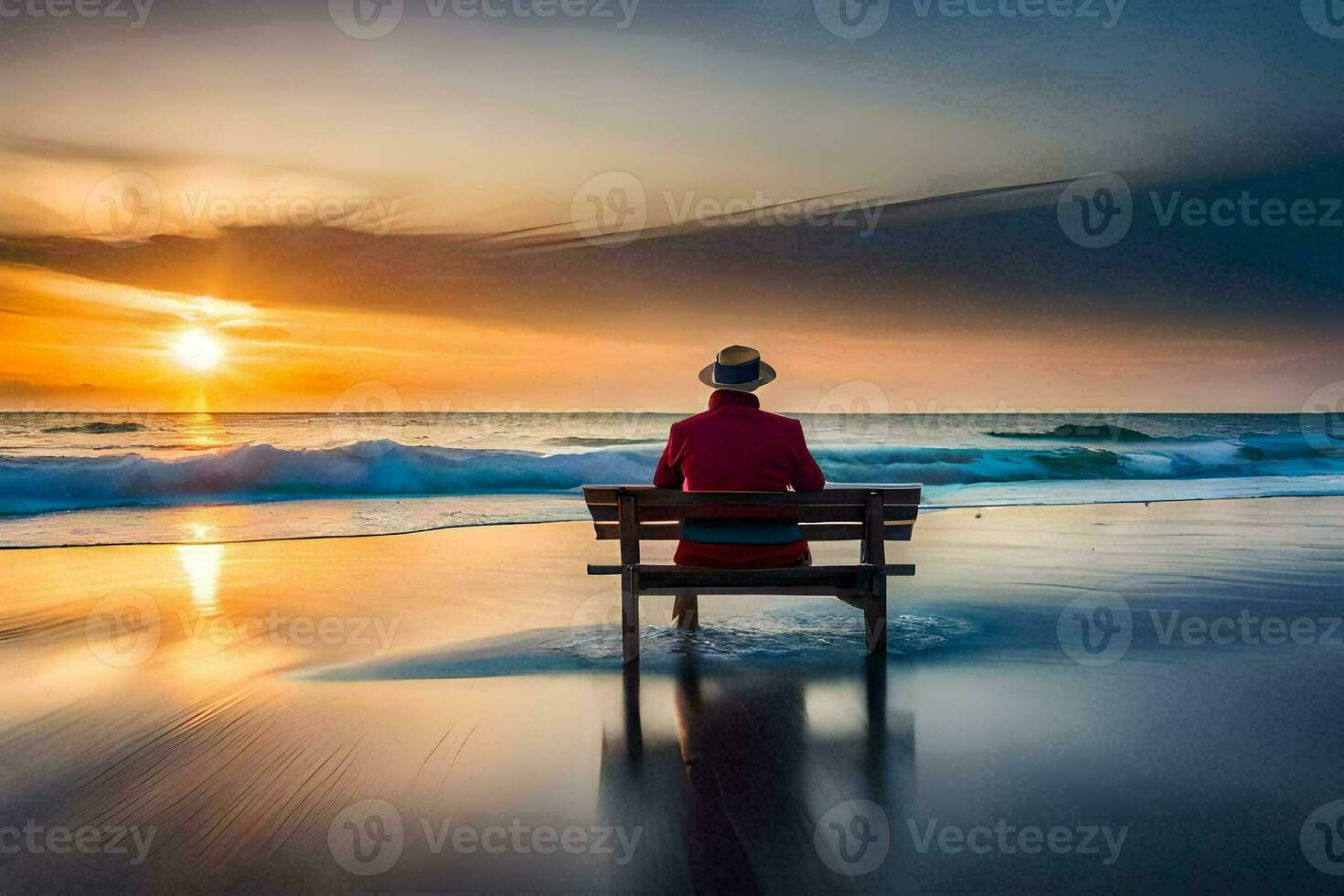 a man sitting on a bench at the beach watching the sunset. AI-Generated photo