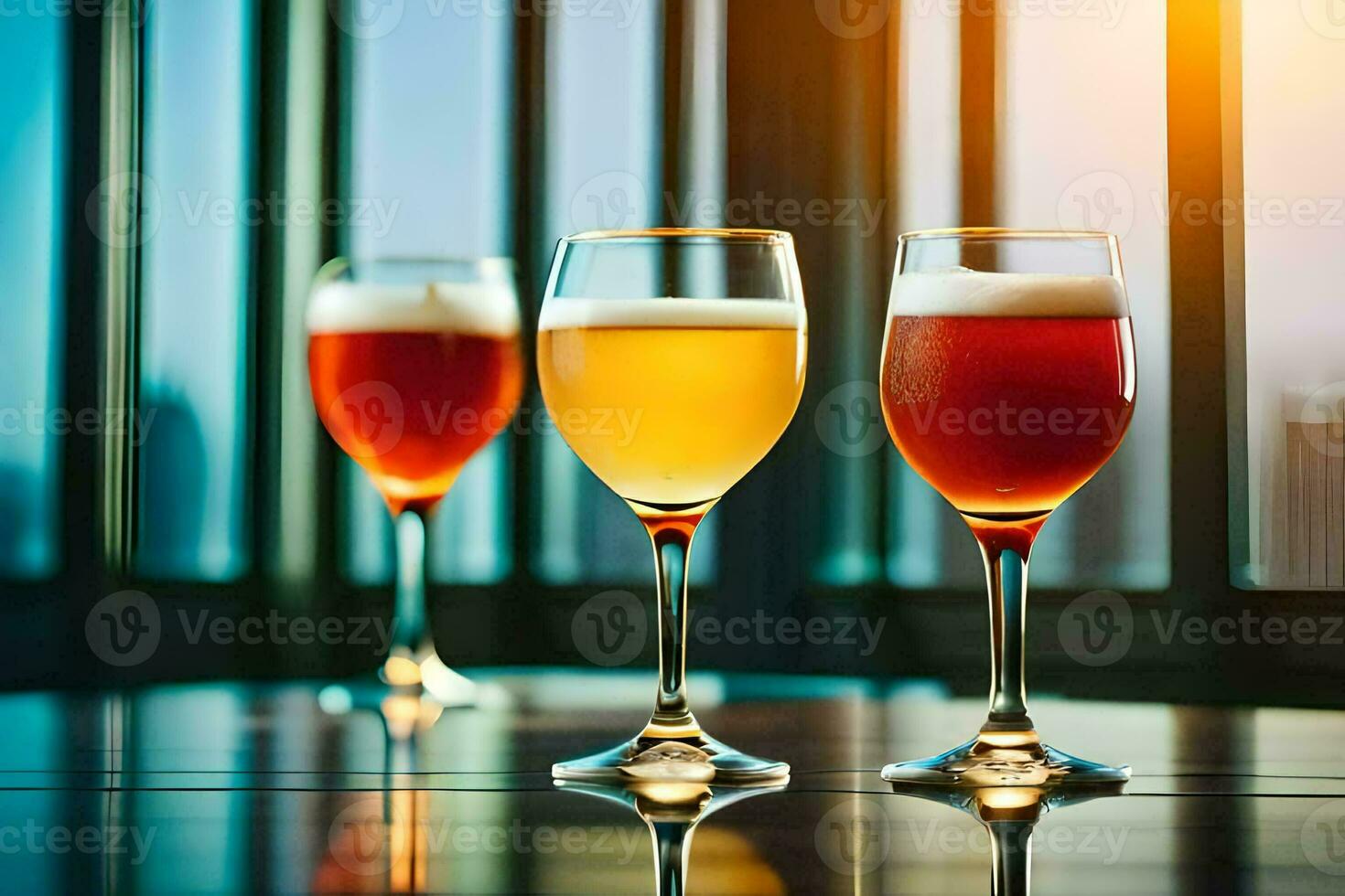 three glasses of beer on a table. AI-Generated photo